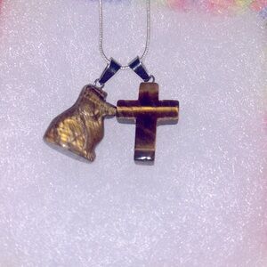 Boho Hippie Tigers Eye Dog and Cross Sterling Silver Necklace 16”